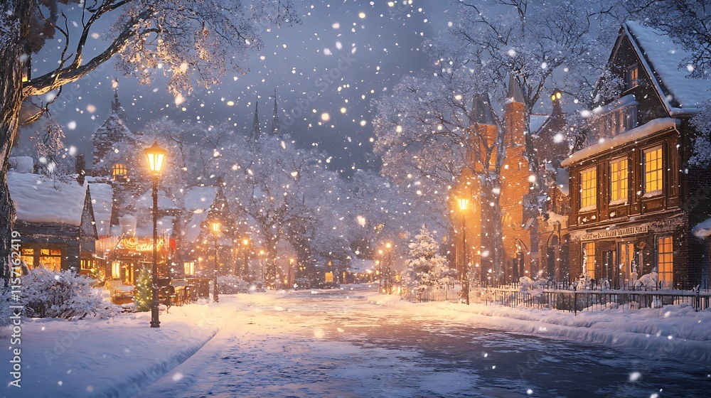 A peaceful snowfall in a small town square, with snow-covered trees and a warm light glowing from the surrounding buildings A peaceful snowfall in a small town square, with snow-covered trees and a warm light glowing from the surrounding buildings