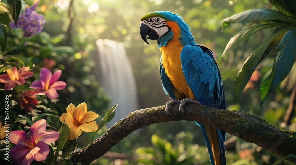 A vibrant macaw perched on a branch with colorful flowers in a lush rainforest setting, with a waterfall in the background. A vibrant macaw perched on a branch with colorful flowers in a lush rainforest setting, with a waterfall in the background.