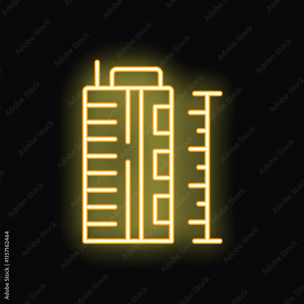 Glowing neon icon of building construction with measuring tape, representing concept of building measurement Glowing neon icon of building construction with measuring tape, representing concept of building measurement