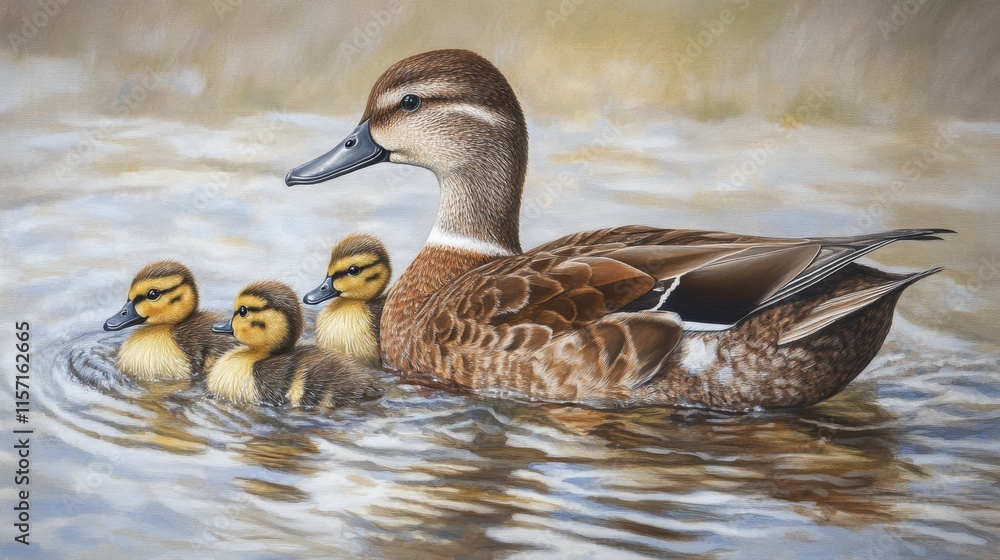A female pochard gracefully swims alongside adorable ducklings. The female pochard, characterized by her brown head and body, features a distinct narrower grey bill band that enhances her beauty. A female pochard gracefully swims alongside adorable ducklings. The female pochard, characterized by her brown head and body, features a distinct narrower grey bill band that enhances her beauty.