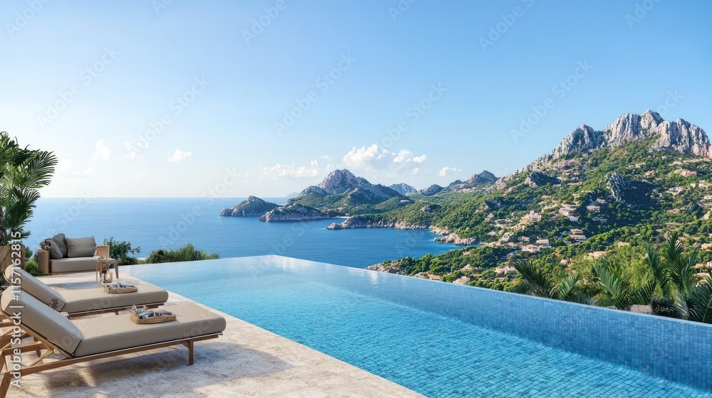 Fototapeta premium Infinity pool overlooking scenic ocean and mountains.