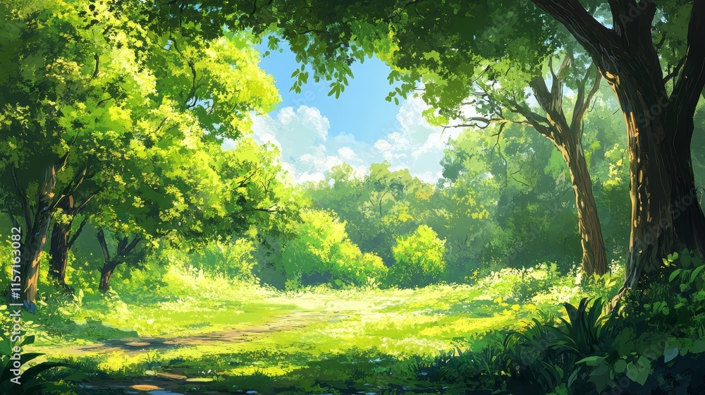 Obraz premium Bright and sunny landscape featuring vibrant green trees, showcasing a stunning natural scene with beautiful greenery that enhances the overall sunny atmosphere of the landscape.