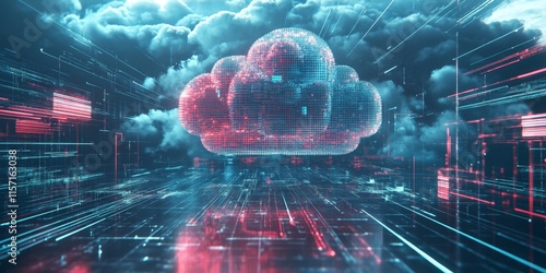 A futuristic depiction of artificial intelligence is presented in a cloud setting, featuring a four dimensional holographic visualization.