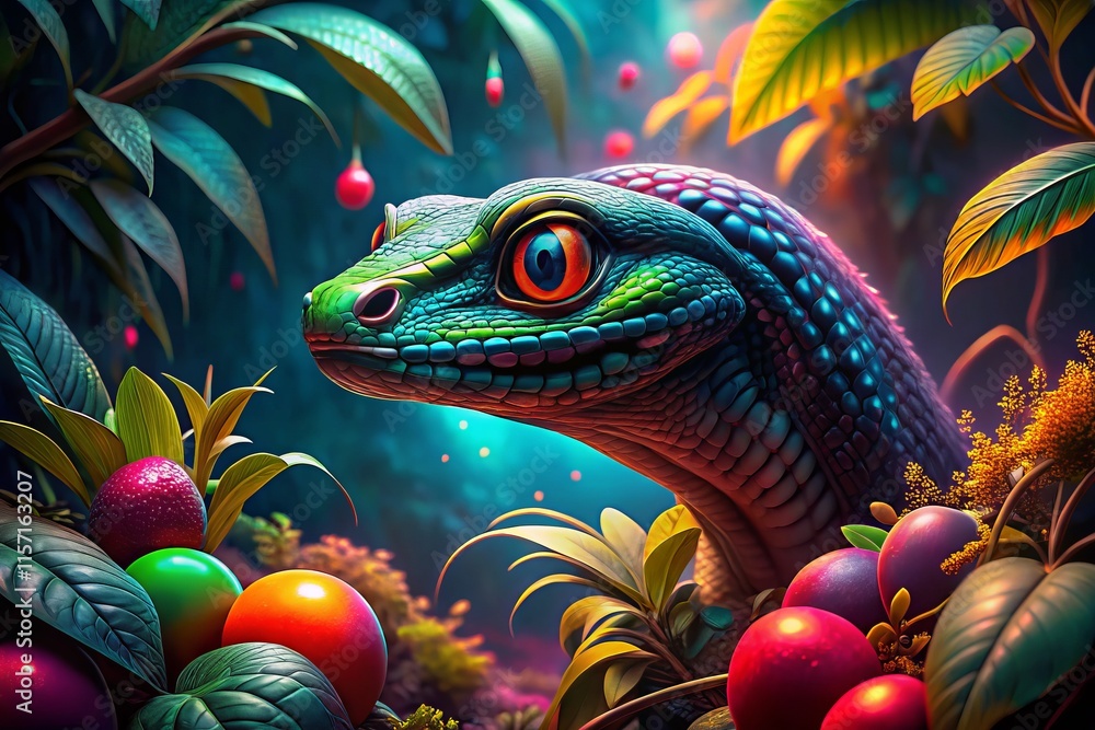 Obraz premium Forbidden Fruit: Modern Eden's Temptress - Eye Level Shot of a Serpentine Figure