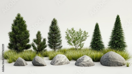 Collection of evergreen trees, shrubs, grass, and rocks on white background.