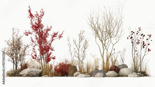 Autumnal landscape with red berries, dry plants, rocks, and grasses isolated on white.
