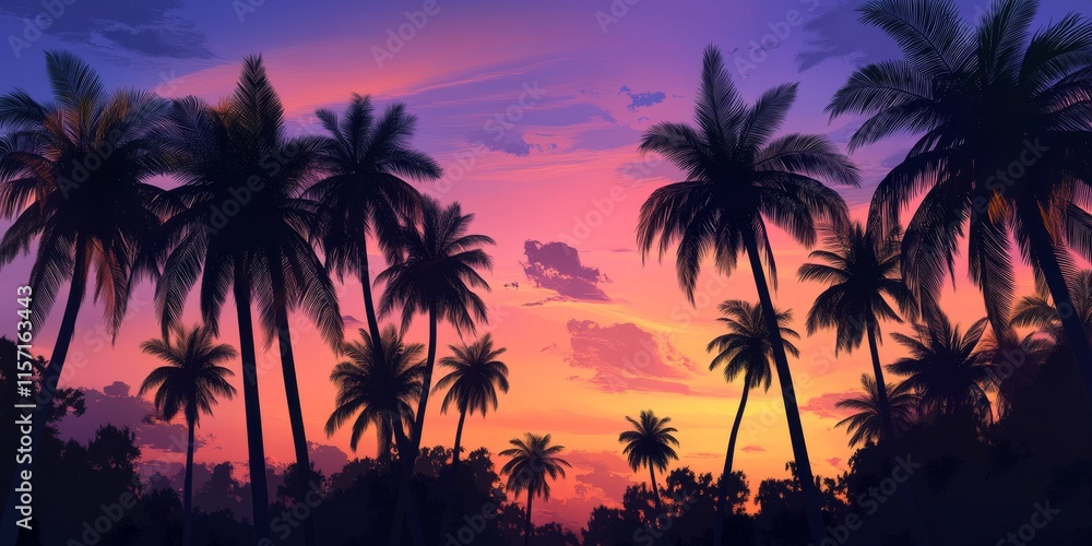 Serene evening sky adorned with tall coconut trees, creating a picturesque view of the tranquil atmosphere where the evening sky meets the lush silhouettes of coconut trees. Serene evening sky adorned with tall coconut trees, creating a picturesque view of the tranquil atmosphere where the evening sky meets the lush silhouettes of coconut trees.