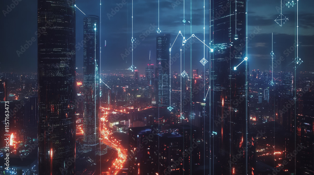 Fototapeta premium Smart digital Innovation city with connection network reciprocity over the cityscape. of future smart wireless digital city and social media networking systems that connects people with in city