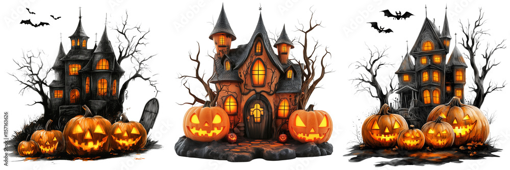 Set of A creepy hand-drawn haunted house surrounded by pumpkins with sinister carved faces on transparent png background Set of A creepy hand-drawn haunted house surrounded by pumpkins with sinister carved faces on transparent png background