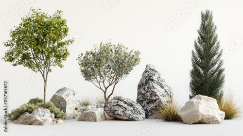 Landscape design elements trees, rocks, and grass.