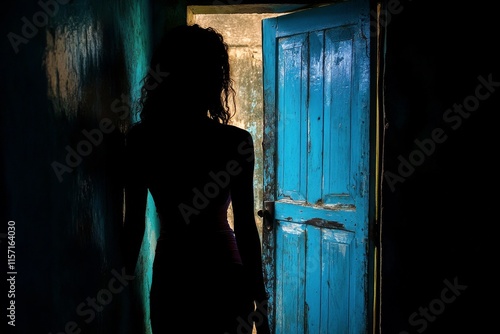 Silhouette of a woman entering a warmly lit doorway in a quiet alleyway at night