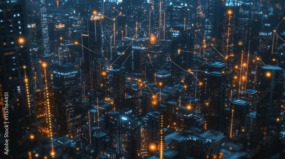 Smart digital Innovation city with connection network reciprocity over the cityscape. of future smart wireless digital city and social media networking systems that connects people with in city Smart digital Innovation city with connection network reciprocity over the cityscape. of future smart wireless digital city and social media networking systems that connects people with in city
