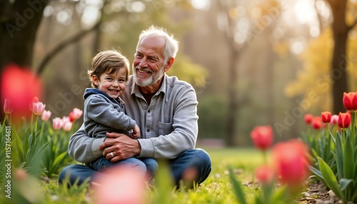 Fototapeta Naklejka Na Ścianę i Meble -  Grandfather, grandson enjoy spring day in garden. Grandfather sits on grass holding grandchild. Family bonding, joy visible. Spring flowers, plants surround. Happy moments, generations together.