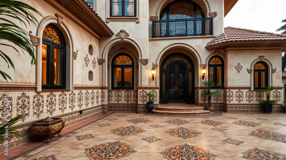 Obraz premium Mediterranean-style house exterior with arched windows and entryway. Tan stucco walls feature ornate detailing. A patterned stone courtyard is visible. Landscaping includes potted plants.