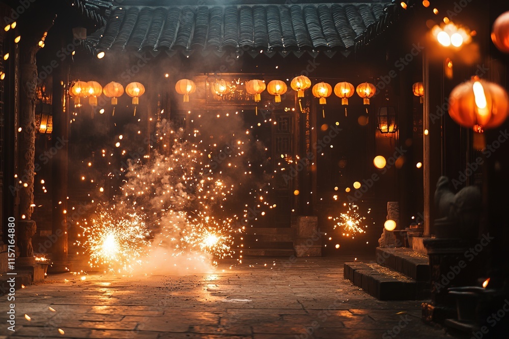 Obraz premium Vibrant festival scene illuminated by glowing lanterns and spark