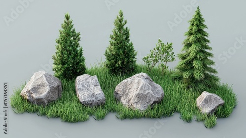 3D render of rocks, grass, and evergreen trees.