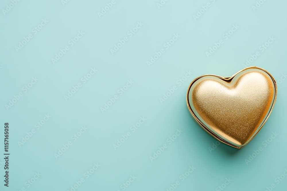 Golden heart-shaped box rests on soft turquoise background, exud Golden heart-shaped box rests on soft turquoise background, exud