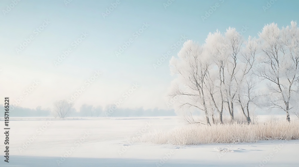 A quiet winter morning with fresh snow covering the ground, creating a pristine white landscape under a pale blue sky A quiet winter morning with fresh snow covering the ground, creating a pristine white landscape under a pale blue sky