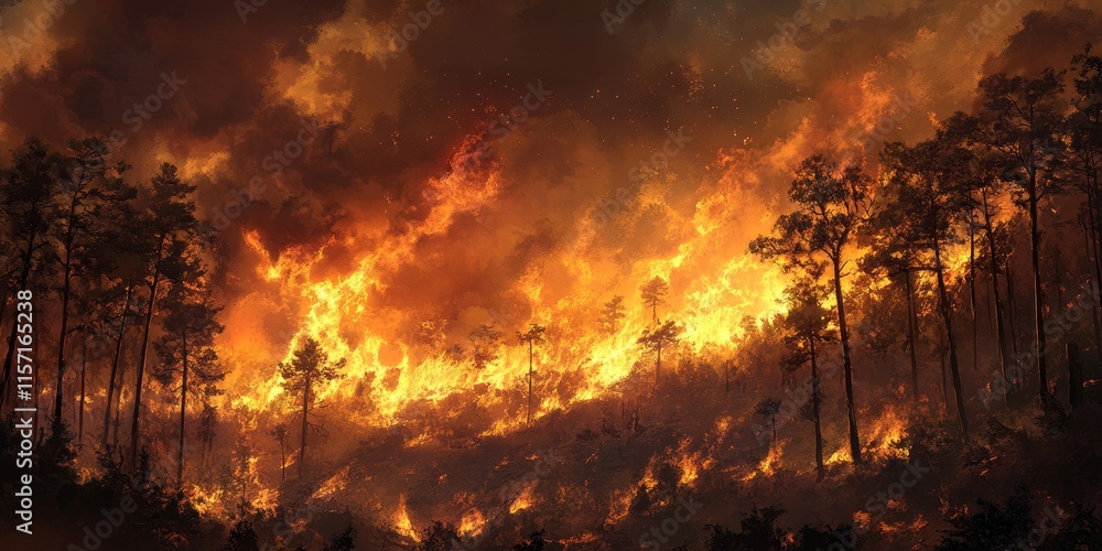 Forest fire raging with large flames consuming the hillside and creating a massive smoke cloud in the atmosphere, highlighting the intensity of the forest fire and its impact on the landscape. Forest fire raging with large flames consuming the hillside and creating a massive smoke cloud in the atmosphere, highlighting the intensity of the forest fire and its impact on the landscape.