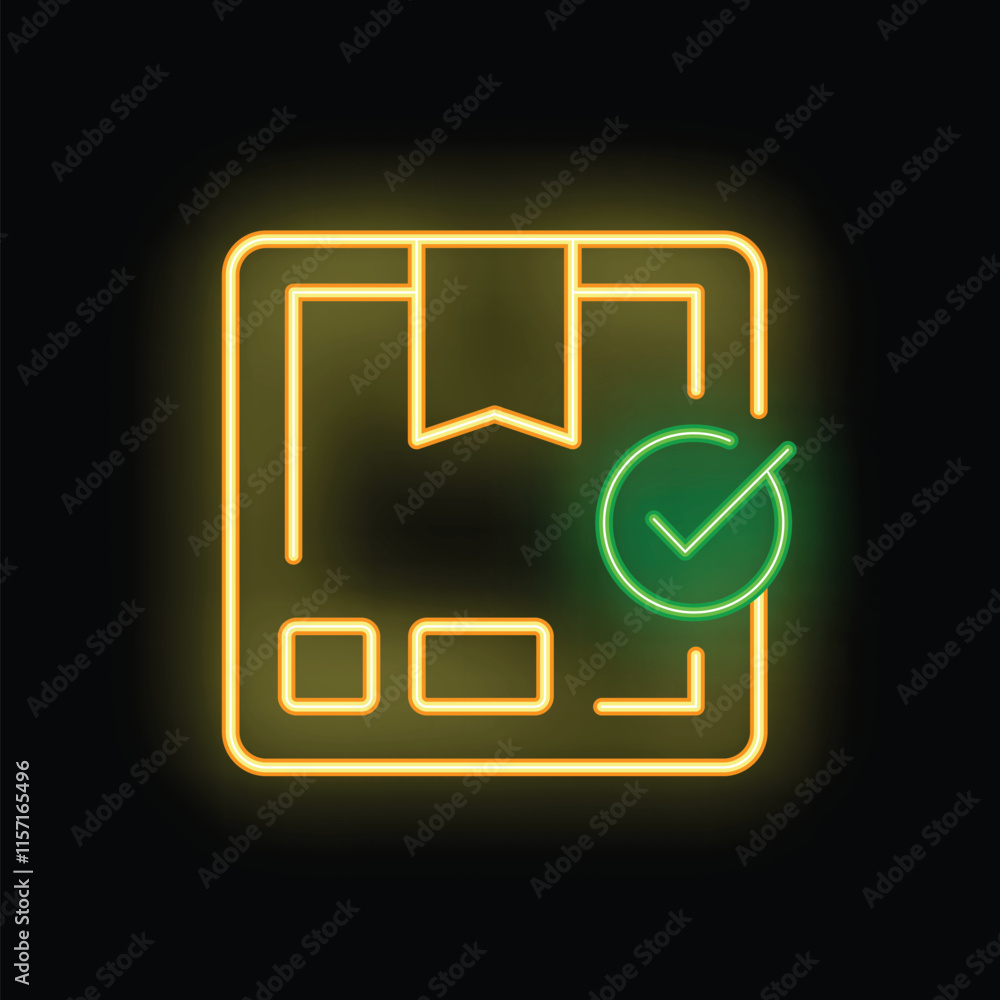 Neon sign of a validated order with a green tick mark on a cardboard box with a ribbon Neon sign of a validated order with a green tick mark on a cardboard box with a ribbon