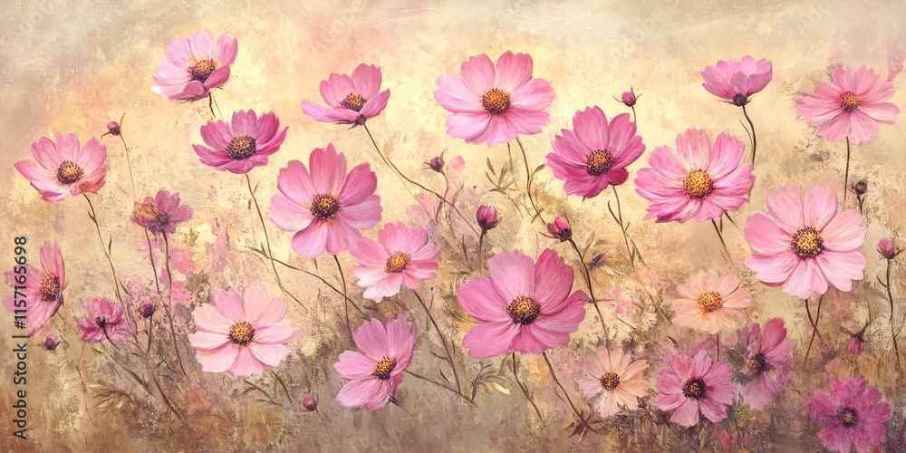 Fototapeta Delicate vintage pink cosmos flowers create a charming scene, showcasing the beauty of vintage pink cosmos flowers in full bloom, radiating elegance and a touch of nostalgia.