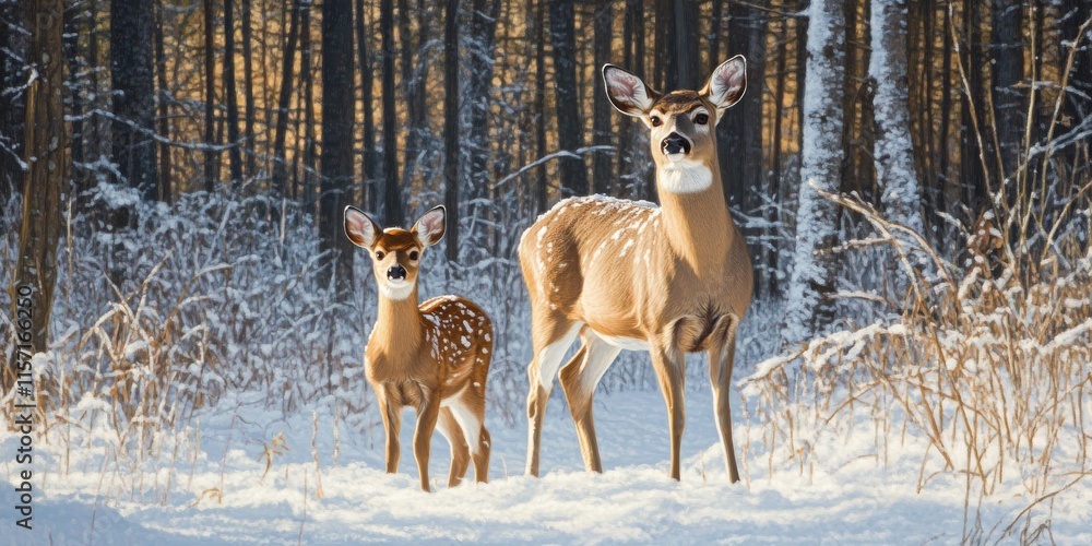 Whitetail deer doe and her yearling are seen in the winter snow at the edge of the woods, showcasing the beauty of these whitetail deer in their natural habitat during the snowy season. Whitetail deer doe and her yearling are seen in the winter snow at the edge of the woods, showcasing the beauty of these whitetail deer in their natural habitat during the snowy season.