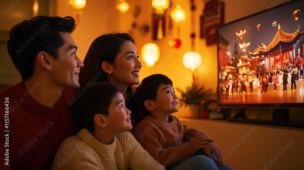 Family enjoying cozy evening together, captivated by colorful sc Family enjoying cozy evening together, captivated by colorful sc