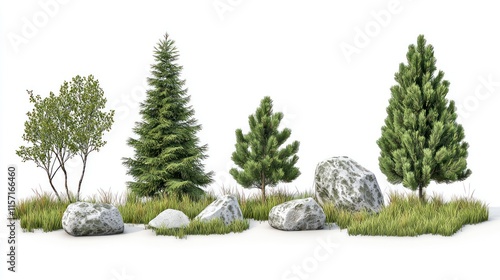 Collection of trees, rocks, and grass isolated on white.