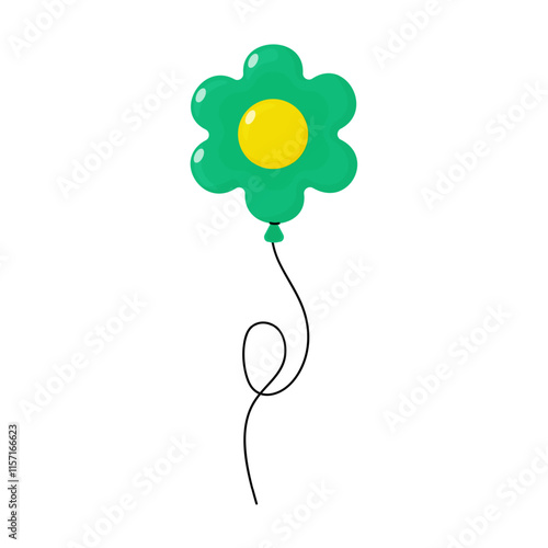 Green flower balloon with yellow center floating against a white background
