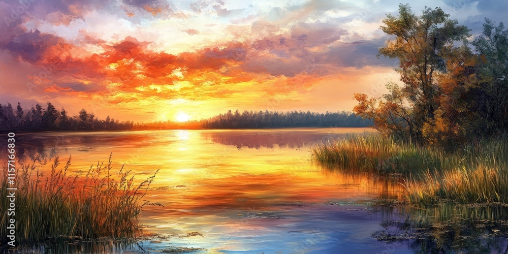 Serene sunset over a tranquil lake, capturing the beauty of the landscape in golden hues as the sun sets, creating a picturesque view with reflections on the water and vibrant colors in the sky. Serene sunset over a tranquil lake, capturing the beauty of the landscape in golden hues as the sun sets, creating a picturesque view with reflections on the water and vibrant colors in the sky.