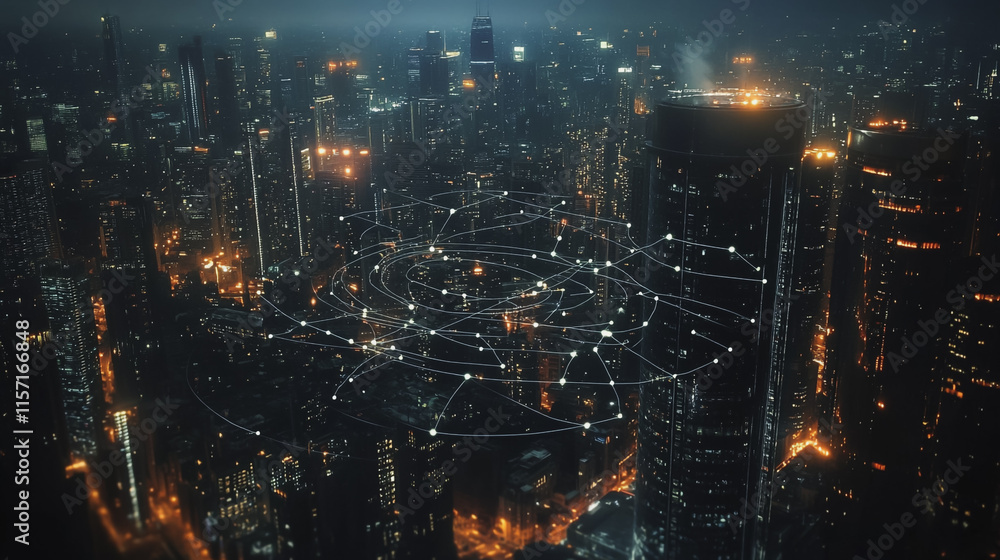 Naklejka premium Smart digital Innovation city with connection network reciprocity over the cityscape. of future smart wireless digital city and social media networking systems that connects people with in city