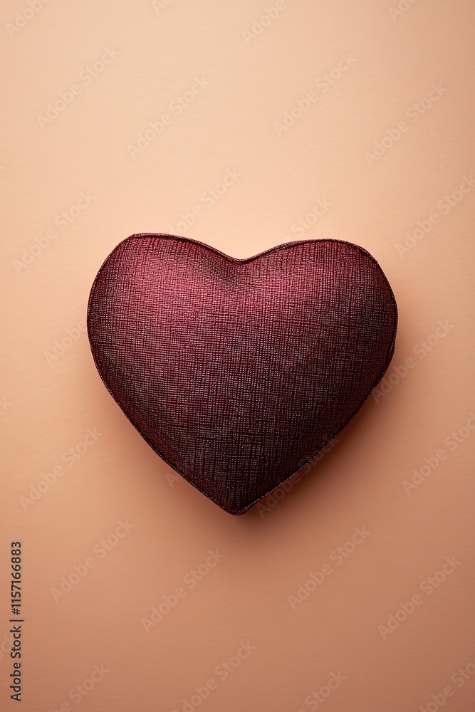 Soft heart-shaped cushion in rich burgundy hue against warm back Soft heart-shaped cushion in rich burgundy hue against warm back