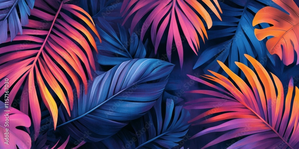 Lively and colorful backdrop featuring abstract tropical palm leaves, offering a vibrant design that captures the essence of a tropical paradise with lush foliage. Lively and colorful backdrop featuring abstract tropical palm leaves, offering a vibrant design that captures the essence of a tropical paradise with lush foliage.