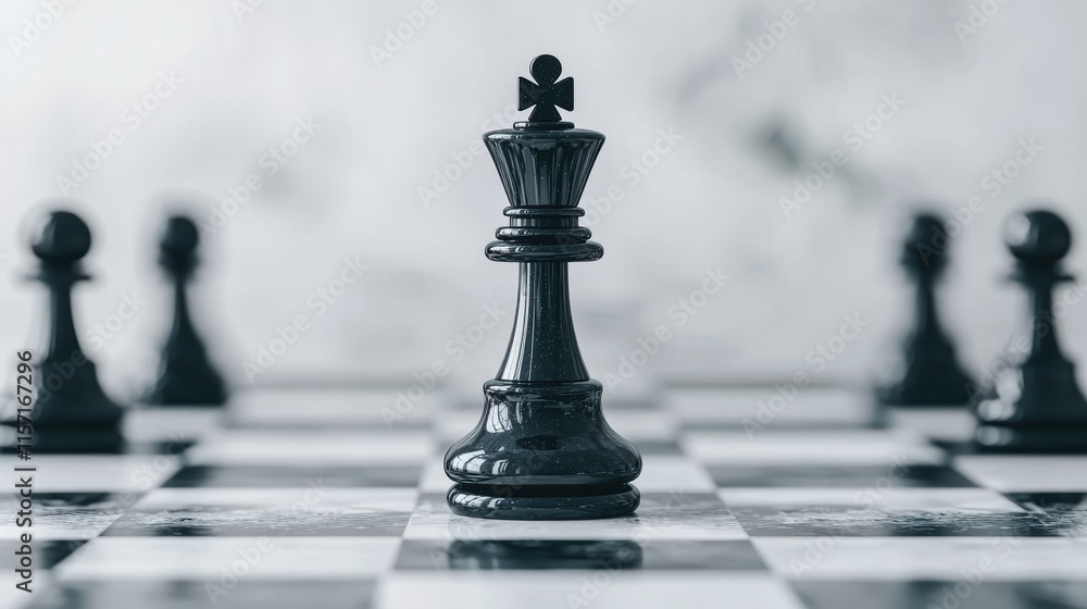 Black king chess piece standing tall on chessboard symbolizing strategy and leadership Black king chess piece standing tall on chessboard symbolizing strategy and leadership
