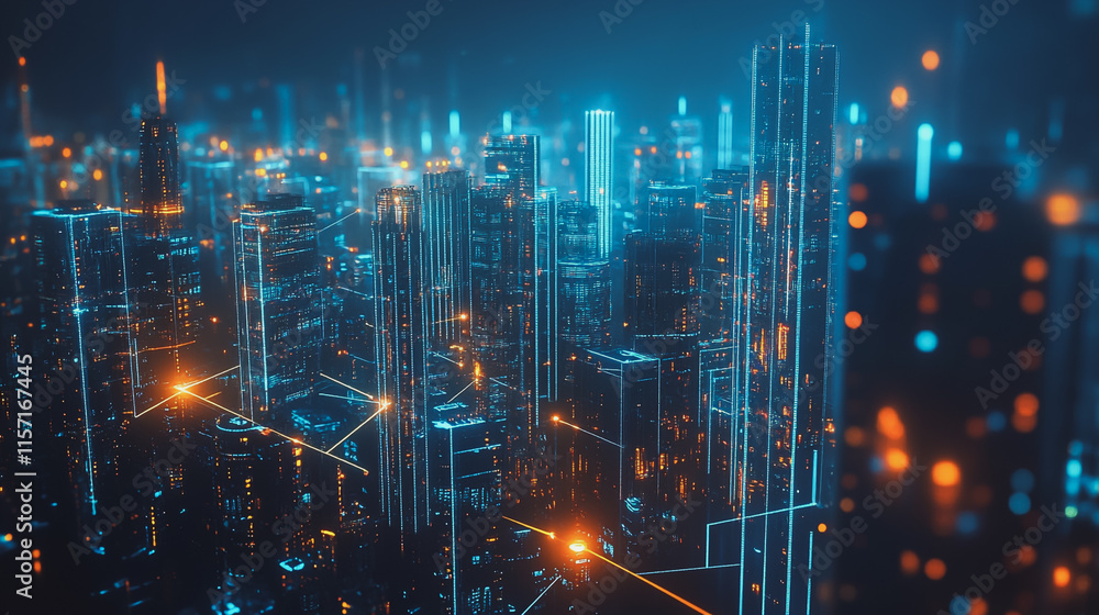 Smart digital Innovation city with connection network reciprocity over the cityscape. of future smart wireless digital city and social media networking systems that connects people with in city Smart digital Innovation city with connection network reciprocity over the cityscape. of future smart wireless digital city and social media networking systems that connects people with in city