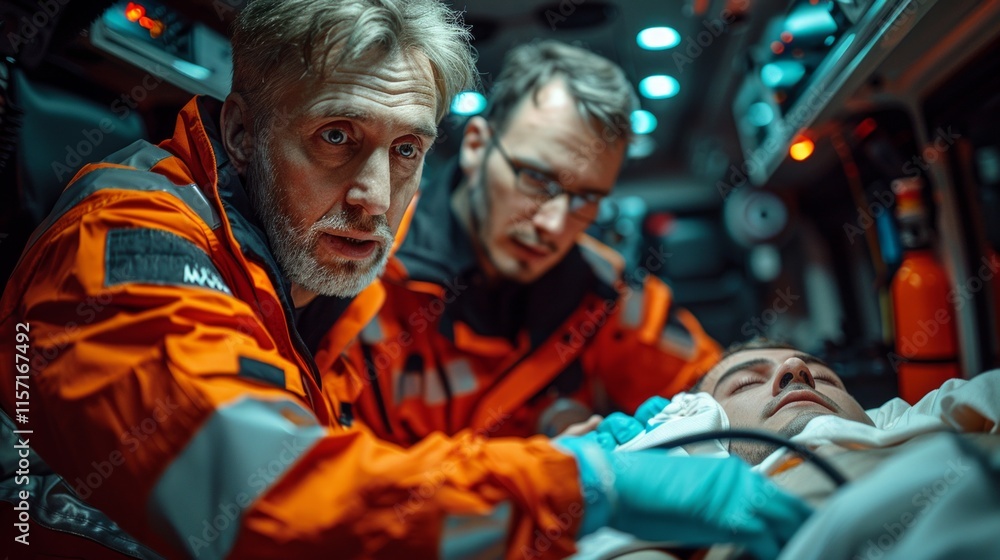 Obraz premium Two male paramedics in ambulance care for patient on stretcher urgently. Critical medical treatment underway in emergency setting.