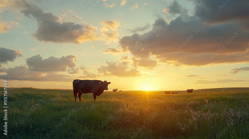 A serene sunset with a cow grazing in a lush green field. The sky is filled with soft clouds. Nature in harmony is truly a beautiful sight. A serene sunset with a cow grazing in a lush green field. The sky is filled with soft clouds. Nature in harmony is truly a beautiful sight.