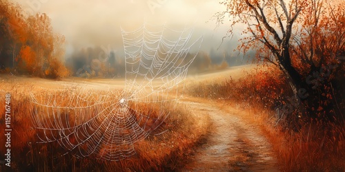 Intricate spider web strands elegantly stretch across a vibrant autumn field, showcasing the delicate beauty of nature s design within the serene landscape of the autumn field. photo