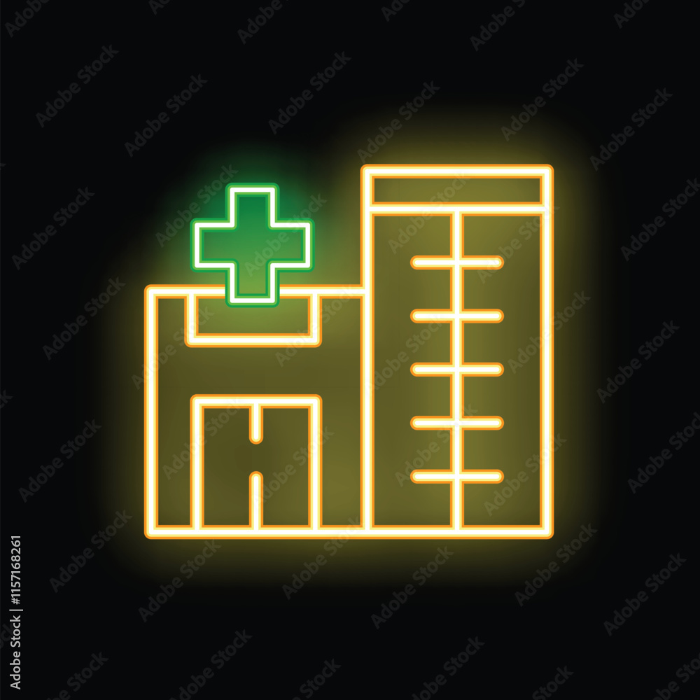 Obraz premium Neon sign illuminating a hospital building with a green cross, symbolizing healthcare and medical services