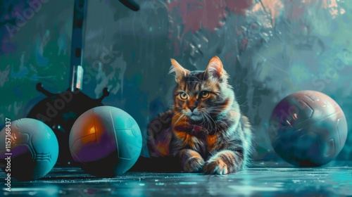 A colorful cat with yellow eyes near green and purple balls on the ground by a gray wall with graffiti-like markings. Its gaze evokes mystery.