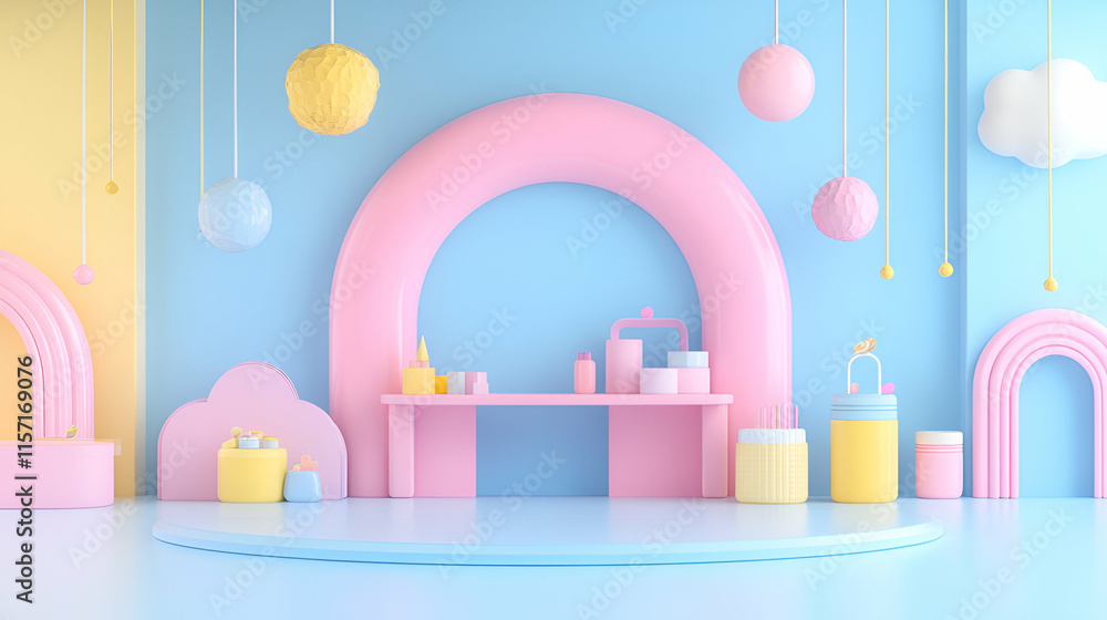 Pastel Paradise, A Whimsical Display of Colorful Objects on a Shelf, Decorated with Hanging Balls and Arches, Creates a Dreamy Atmosphere. Pastel Paradise, A Whimsical Display of Colorful Objects on a Shelf, Decorated with Hanging Balls and Arches, Creates a Dreamy Atmosphere.