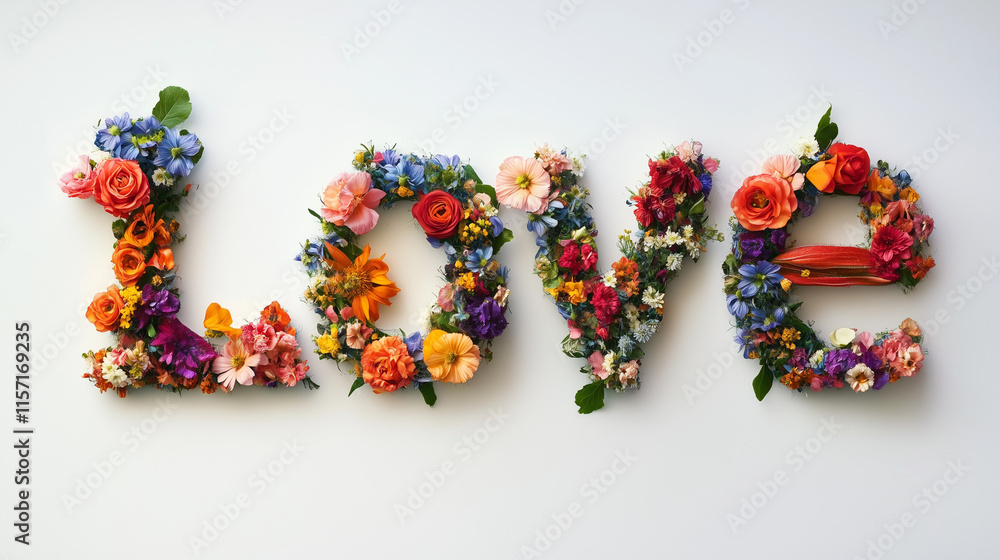Love typography made from vibrant fresh flowers on a white background Love typography made from vibrant fresh flowers on a white background