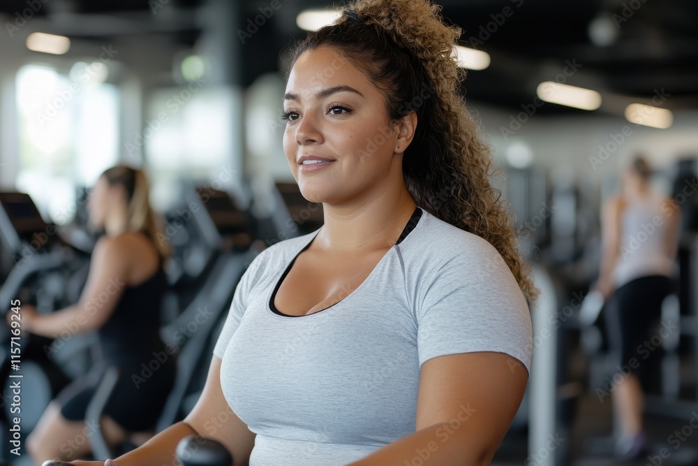 Fototapeta premium A woman with curly hair dressed in a gray workout top exudes positivity as she exercises in a bright gym, embodying health and fitness with resilience and strength.