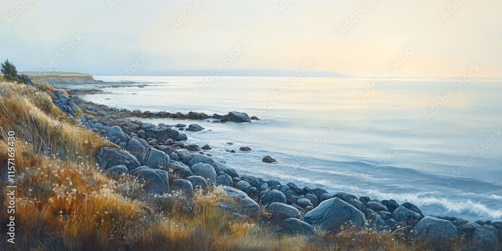 Fototapeta premium Coastline sunrise casts light on the ocean, illuminating the stone along the shore. The combination of stone, coastline, and ocean creates a serene scene under a soft white sky.