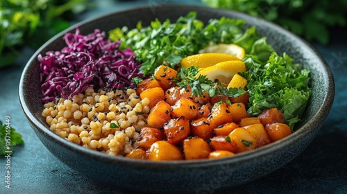 Colorful healthy salad bowl with roasted butternut squash, pearl couscous, red cabbage, and greens. photo