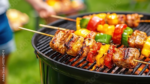 Fototapeta Naklejka Na Ścianę i Meble -  Grilled Skewers with Assorted Vegetables and Meat on Outdoor Barbecue Grill