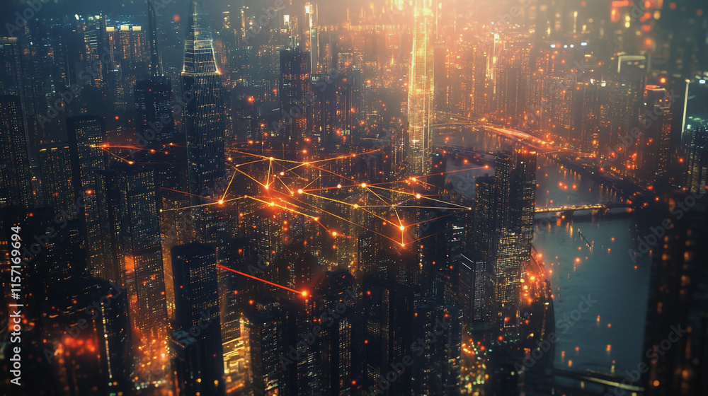 Naklejka premium Smart digital Innovation city with connection network reciprocity over the cityscape. of future smart wireless digital city and social media networking systems that connects people with in city