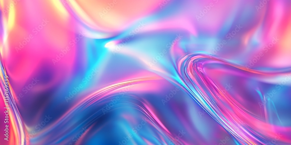 Obraz premium A vibrant, abstract holographic background features striking neon colors. It includes a blurred texture with seamless transitions, predominantly in shades of pink, blue, and purple.