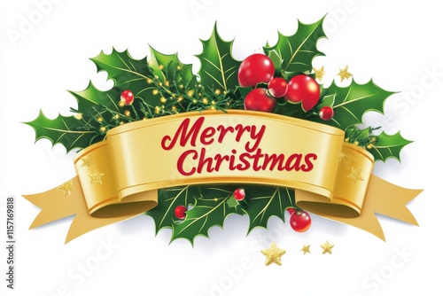 A contemporary Merry Christmas design featuring a gold banner, with holly and berries, conveying the modern joyful spirit of the holiday season.