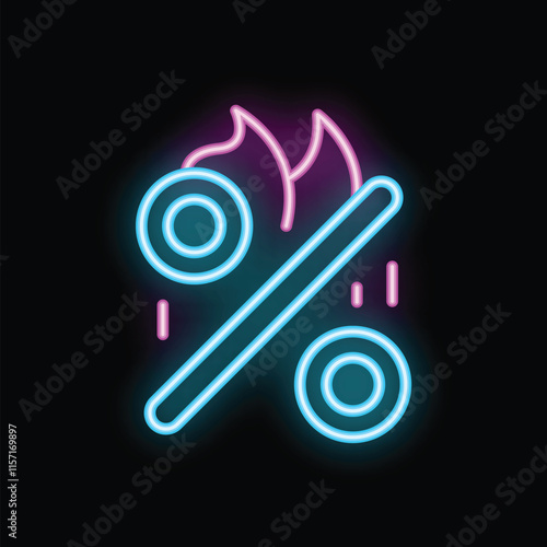 Blue neon percent sign with a pink fire burning on top is glowing in the dark